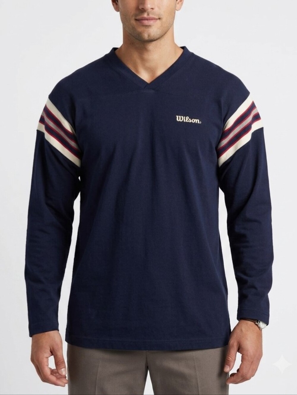 XL Vintage Wilson 100% Cotton Navy Long Sleeve V-Neck Shirt with Stripe Detail